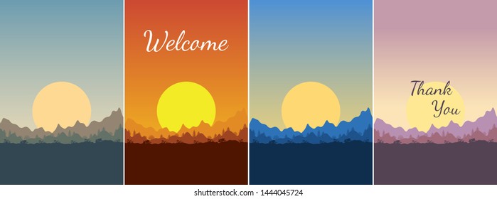 Mountain sunset landscape background. Summer nature with hills view, sun. Template outdoor for poster, banner, card, flyer. Colorful design vector illustration in modern flat cartoon style  and text.