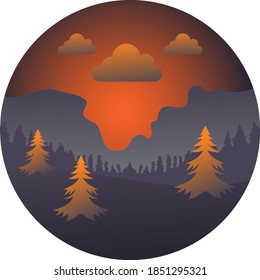 Paisaje de atardecer de montaña Concepto, Bosque de pino realista y siluetas de montaña, panorama de madera nocturna. Ilustración del material de fondo de naturaleza silvestre del vector Icono Diseño