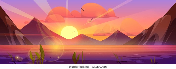 Mountain sunset landscape with lake view. Vector cartoon evening illustration of beautiful natural scene with rocky Alpine range, clear water in river, birds flying in pink sky with orange clouds.