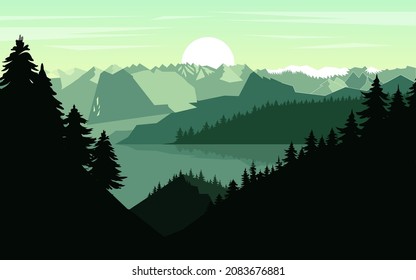 Mountain Sunset Landscape Realistic Pine Forest Stock Vector