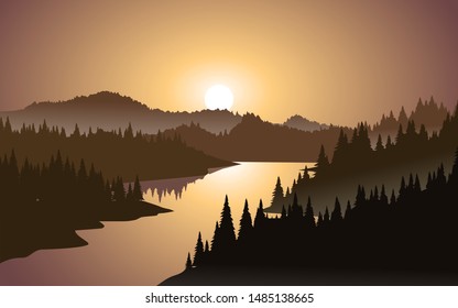 mountain sunset landscape with river and dense forest