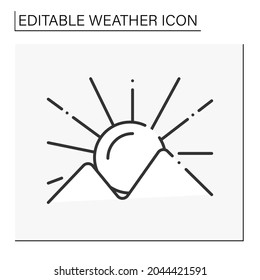 Mountain sunset line icon. Beautiful natural miracle. Landscape in mountains. Summer vibe. Weather concept. Isolated vector illustration. Editable stroke