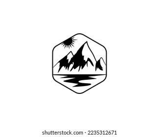 Diseño Del Logotipo Mountain Sunset Con Plantilla De Vector De Símbolo De Lago De Paisaje.
