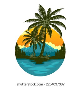 
mountain and sunset logo design. sunset, mountains, palm trees and beach.