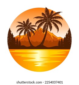 mountain and sunset logo design. sunset, mountains, palm trees and beach.