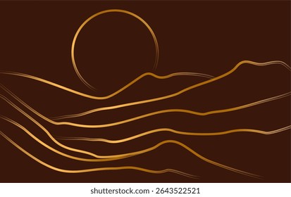 Mountain With Sunset Minimalist Golden Line Art Abstract Background