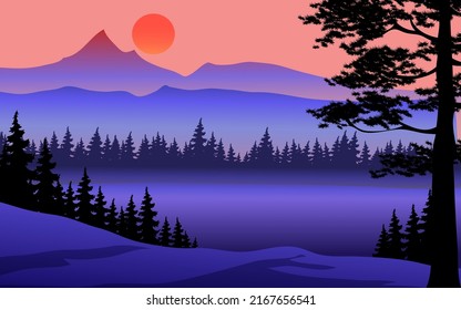 Mountain sunset panorama with foggy forest