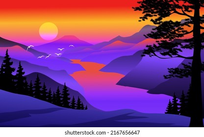 Mountain sunset panorama with river and trees in silhouette