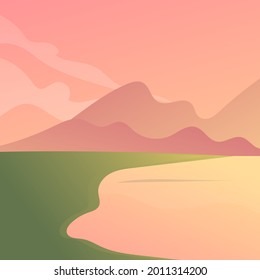 Mountain at sunset and pond,illustration Vector EPS 10 