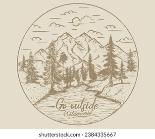 Mountain with sunset and river, mountain graphic artwork for t shirt and others. Mountain with tree retro vintage print design. Explore more vector print design for t shirt and others. 