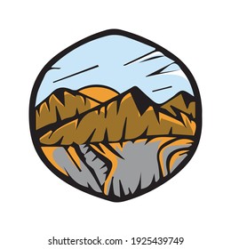 Mountain sunset sticker vector. Sunset view with house and mountain illustration, Sunset sticker vector good for print.