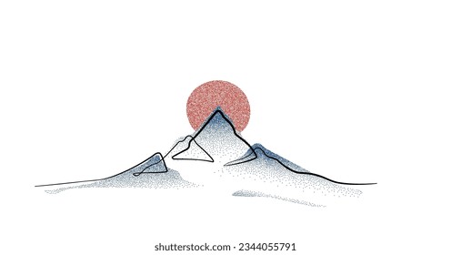 Mountain and sunset, sunrise. Continuous line drawing with dotwork grain, noise texture of landscape background. One single line drawing of mountain view. Stippled gradient mountain in dotwork style