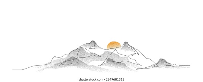 Mountain and sunset, sunrise. Continuous line drawing with dotwork grain, noise texture of landscape background. One single line drawing of mountain view. Stippled gradient mountain in dotwork style