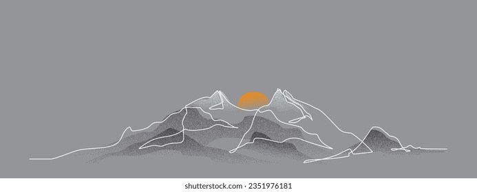 Mountain and sunset, sunrise. Continuous line drawing with dotwork grain, noise texture of landscape on dark  background. One single line drawing of mountain view. Stippled gradient, dotwork style 
