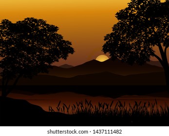 mountain sunset with tree silhouette