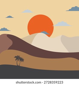 ilustração vetorial de montanha e pôr do sol para fundo, capa, cartão