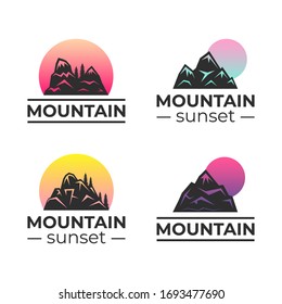 Ilustración vectorial de atardecer de montaña. Siluetas de montañas rocosas con sol levantándose para el diseño de iconos de logo. Actividad al aire libre, viajes en alpes, camping, caminatas en las plantillas de insignias montañosas.