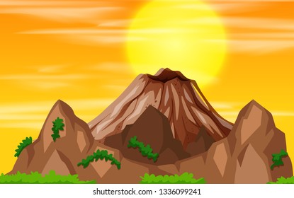 Ilustración de la vista de atardecer de montaña