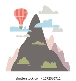 The mountain is surrounded by clouds, bushes and hills. Balloon. Vector illustration in a flat style.