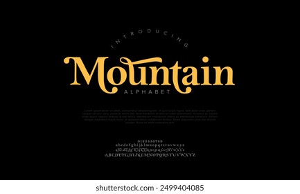 Mountain swash luxury elegant alphabet letters and numbers. Vintage wedding typography classic serif font decorative vintage retro. creative vector illustration