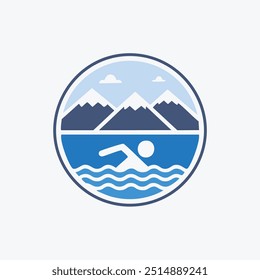 Diseño de logotipo de icono de natación de montaña. Diseño de logotipo circular con un nadador frente a las montañas y el agua. Perfecto para un club de natación o un resort lacustre.