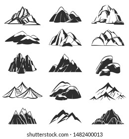 Mountain symbols. Silhouette mountains with range snow labels, abstract alpen hills. Hiking, exploring and camping emblems vector peak rock top set for expedition adventure