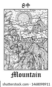 Mountain. Tarot card from vector Lenormand Gothic Mysteries oracle deck. Black and white engraved illustration. Fantasy and mystic line art drawing. Gothic, occult and esoteric background