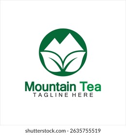 mountain tea logo concept, with a mountain and tea leaf icon in one logo