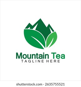 conceito de logotipo de chá de montanha, com uma montanha e ícone de folha de chá em um logotipo