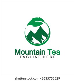 mountain tea logo concept, with a mountain and tea leaf icon in one logo
