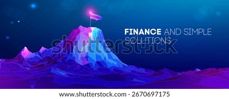 Mountain tech success concept with flag goal peak and business polygon design. Cyber roadmap path on digital wireframe landscape for leadership background. 3D growth particlesachievement illustration.