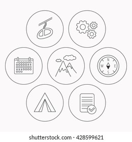 Mountain and teleferic icons. Compass linear sign. Check file, calendar and cogwheel icons. Vector