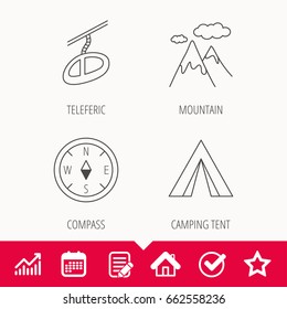 Mountain and teleferic icons. Compass linear sign. Edit document, Calendar and Graph chart signs. Star, Check and House web icons. Vector