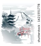 Mountain temple, Pagoda and red bridge under the mountain. Vector drawing in traditional japanese style sumi-e.