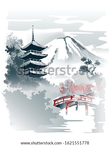 Mountain temple, Pagoda and red bridge under the mountain. Vector drawing in traditional japanese style sumi-e.