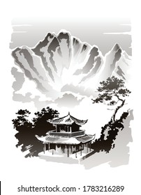 Templo de montaña, pagoda. Ilustración vectorial en estilo oriental tradicional.