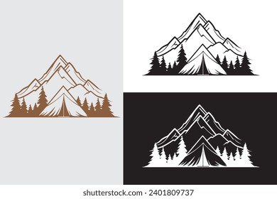 mountain with tent black and white logo sample design art