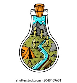 mountain and tent in bottle illustration