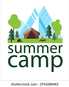 Mountain tent camp with a fire near the trees. Flat geometric landscape. Vector illustration,