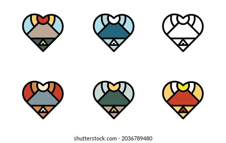 Mountain and tent with sun badges in heart shape.