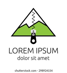 Mountain or tent with zip fastener logo template. Tourism, hiking, alpinism, mountaineering and travel concept. EPS 10 vector illustration, no transparency