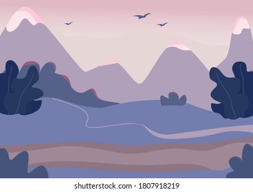 Mountain terrain flat color vector illustration. Soft dusk. Rough country. Evening shades. Mountainous area with spectacular scenery 2D cartoon landscape with mountains on background