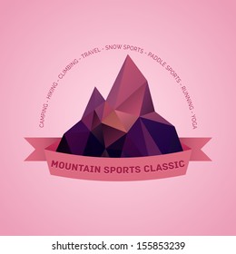 Mountain themed outdoors emblem logo with list of various sports activities