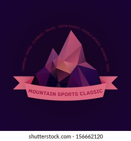 Mountain themed outdoors emblem logo with list of various sports activities