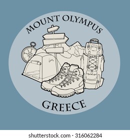 Mountain themed outdoors emblem logo of mount Olympus, Greece with various related hand drawn objects, vector illustration