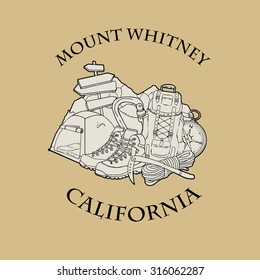 Mountain themed outdoors emblem logo of mount Whitney, California with various related hand drawn objects, vector illustration