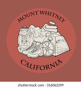 Mountain themed outdoors emblem logo of mount Whitney, California with various related hand drawn objects, vector illustration