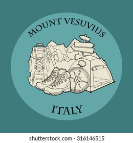 Mountain themed outdoors emblem logo of mount Vesuvius, Italy with various related hand drawn objects, vector illustration