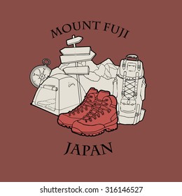 Mountain themed outdoors emblem logo of mount Fuji, Japan with various related hand drawn objects, vector illustration