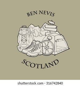 Mountain themed outdoors emblem logo of mount Ben Nevis, Scotland with various related hand drawn objects, vector illustration